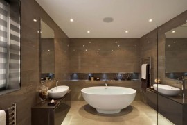 Recessed ceiling lights in a modern bathroom