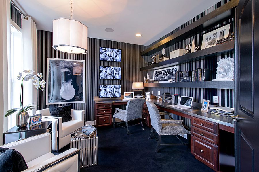Striped wallpaper sets the mood in this glamorous home office [Design: M/I Homes]