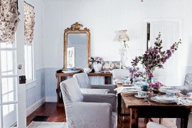Subtle pops of color and flowery patterns are perfect for the shabby chic dining room with feminine vibe [Photography: Amy Neunsinger]
