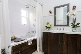 Transitional bathroom with fabulous use of reclaimed wood