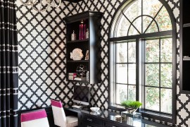Transitional black and white home office infused with a splash of Fuchsia