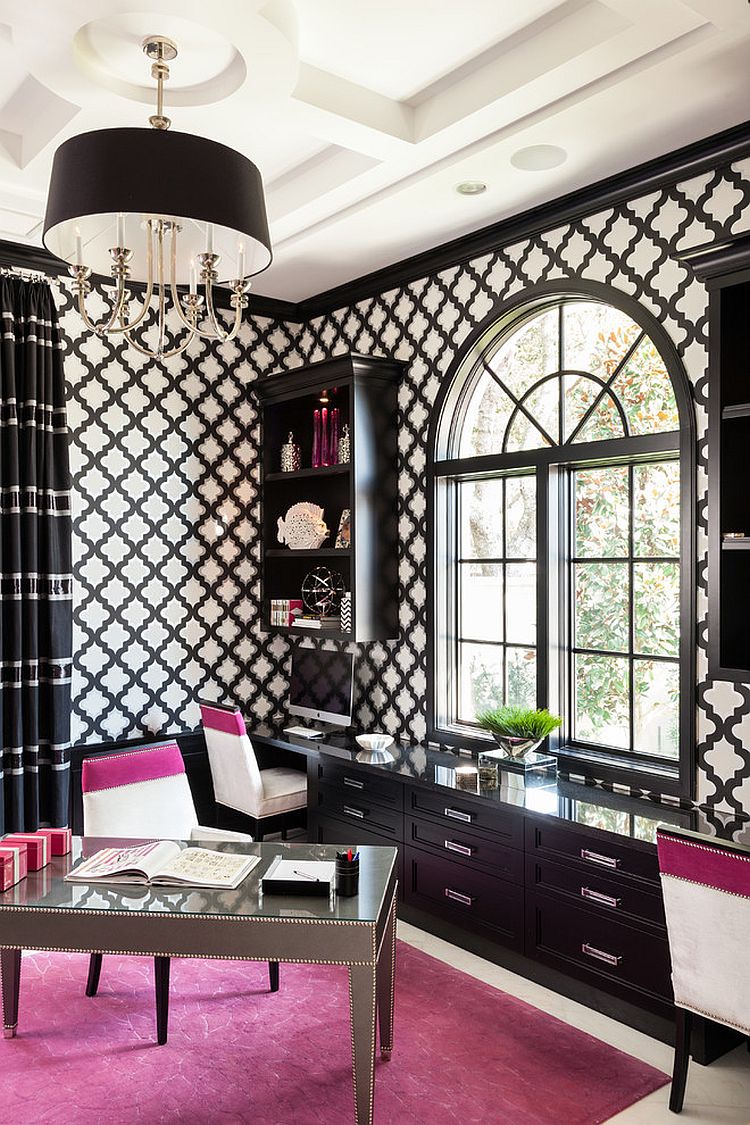 Transitional black and white home office infused with a splash of fuchsia [Design: Marilee Bentz Designs]