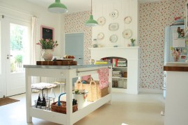 Wallpaper brings a vintage charm to the cool shabby chic kitchen in white [From: Holly Marder]