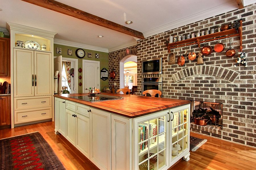 brown brick wall kitchen