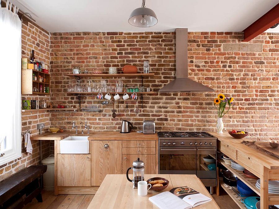 kitchen design with exposed brick wall