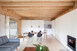 Living room with white walls and woodsy ceiling