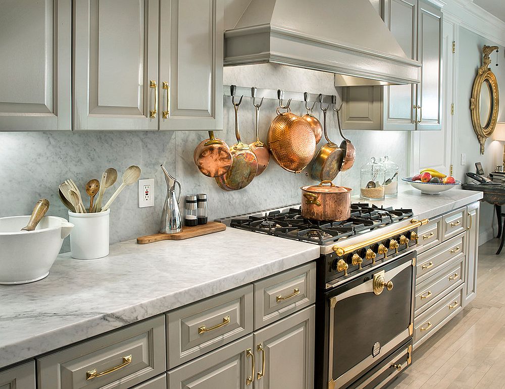 light gray cabinet gold hardware kitchen