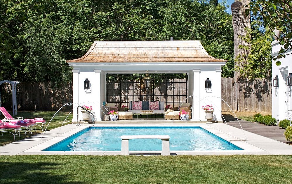 Matching decor and common hues inside and outside the pool house create a curated poolscape