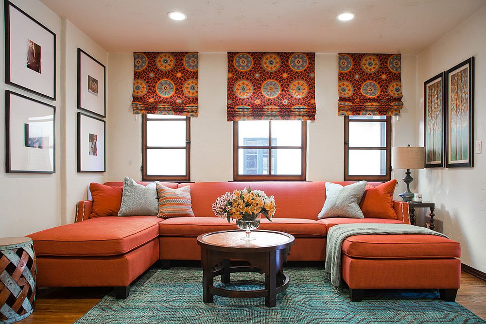 living room with orange couch