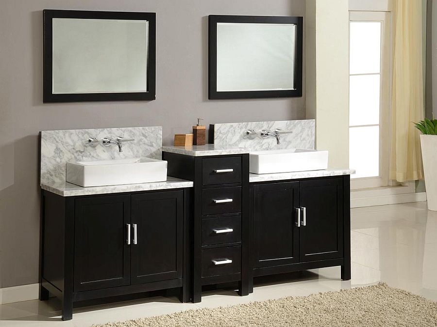 Bathroom With Black Vanity Cream Bathtub