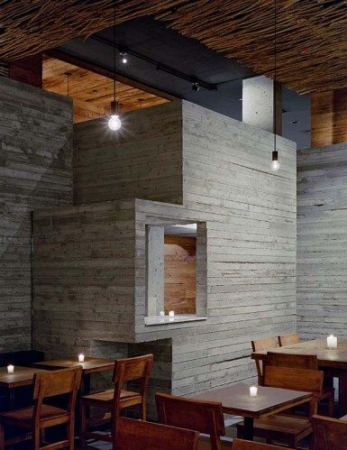 Fantastic wood, concrete and twigs restaurant design in New York City