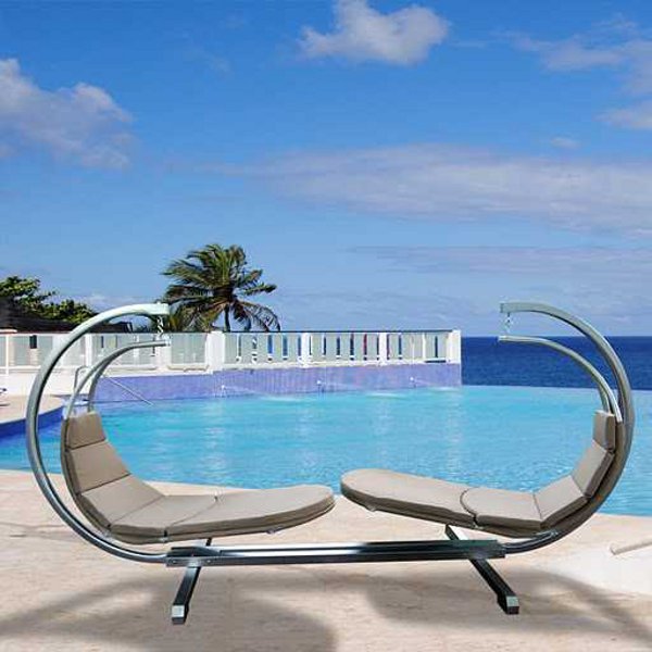 Outdoor Steel Stand and Hanging Chaise Lounge with Cushion Set