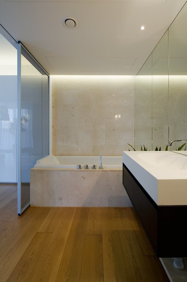 lavish bathroom with wood flooring