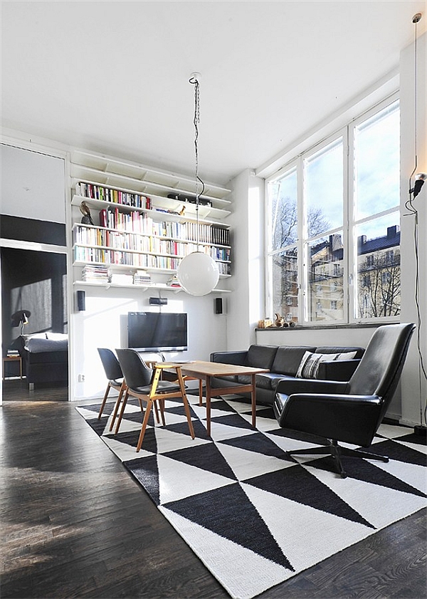 Black-White-Contemporary-Loft-living-room-with-view-to-bedroom