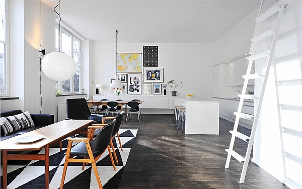 Black & White Contemporary Loft open space living, dining, kitchen