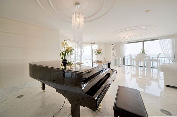 Luxury penthouse glossy living area with piano