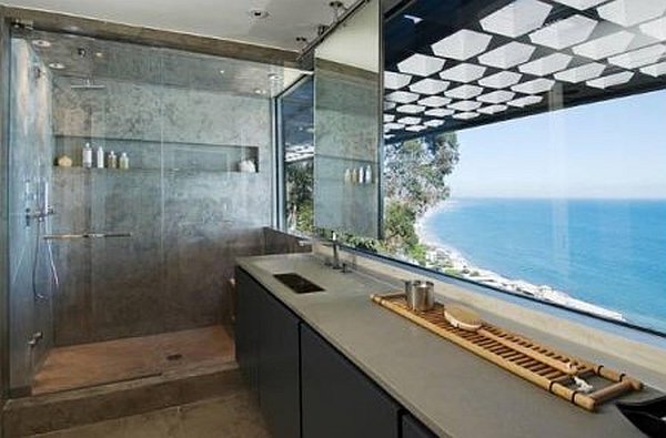 Malibu Contemporary Villa - bathroom with modern stone accents and view