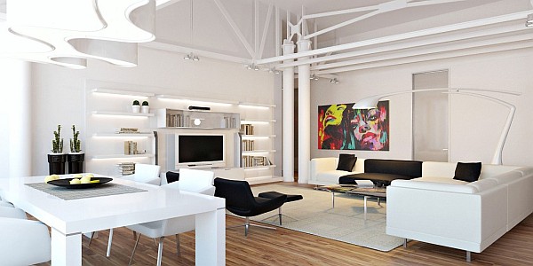 contemporary colorful loft apartment living area