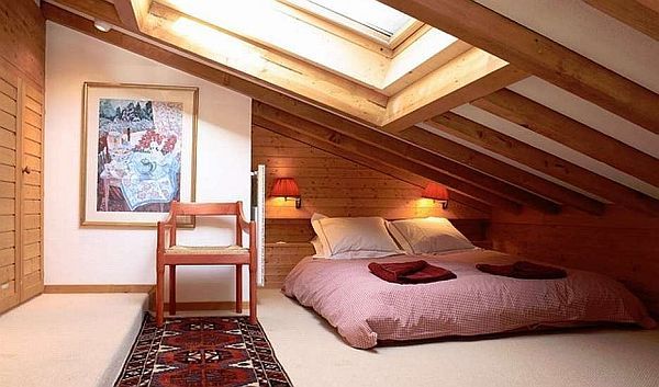 fancy wooden attic bedroom