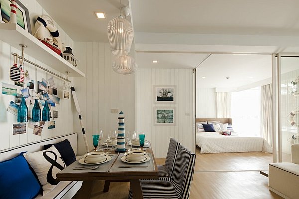 nautical dining room with blue and white