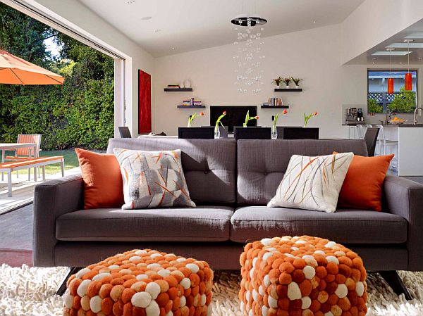 1950s House Renovation - colorful living room with sliding doors