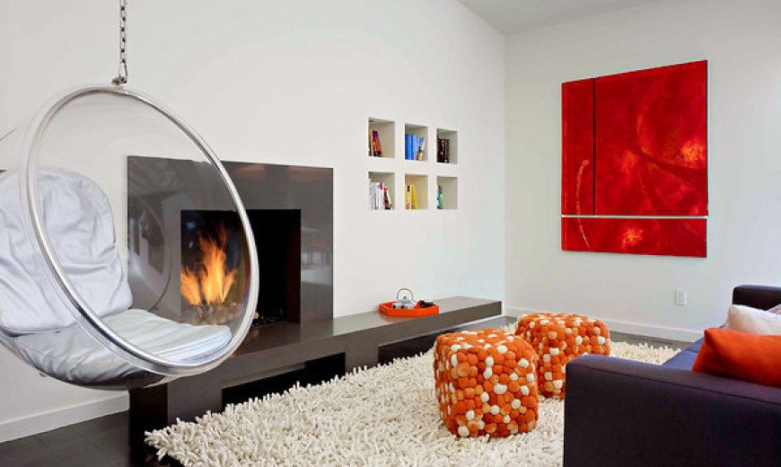 1950s House Renovation - modern living room with fireplace