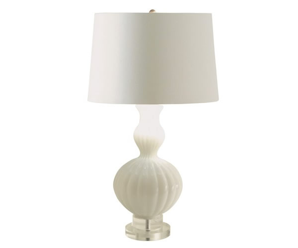 Fluted white glass lamp with acrylic clear base and white silk lamp shade