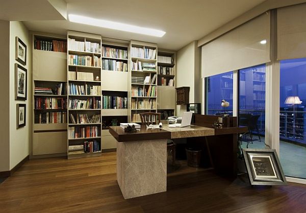 Istanbul luxury apartment - modern home office with fancy desk and bookcase