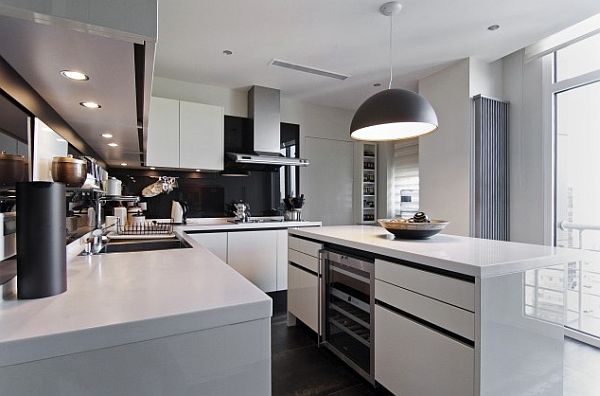 Istanbul luxury apartment - white modern kitchen furniture with white island and cabinets