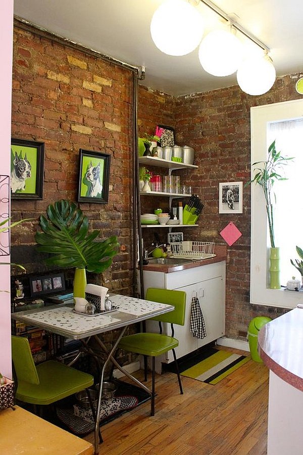 Small Apartment Design with Exposed Bricks Walls - kitchen furniture