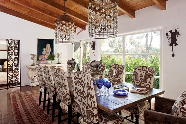 antique dining room with chocolate ikat fabric chairs