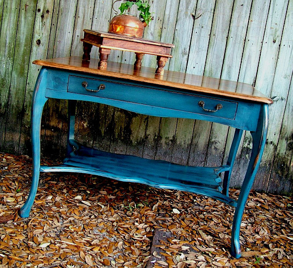 distressed blue painted wood