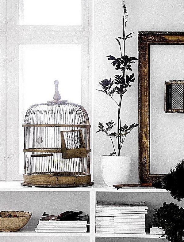 birdcage decoration on white walls
