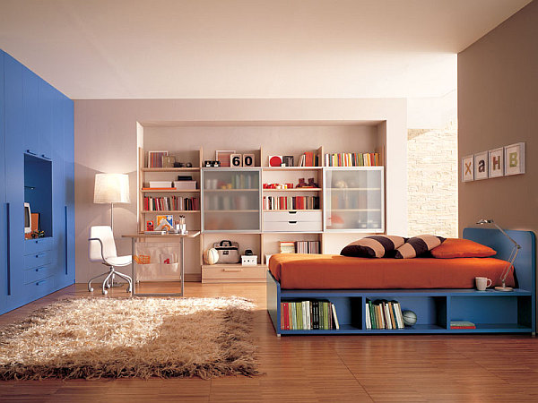 blue furniture teen room with fluffy modern rug