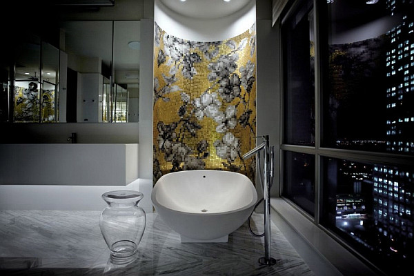 contemporary bathroom with amazing city views
