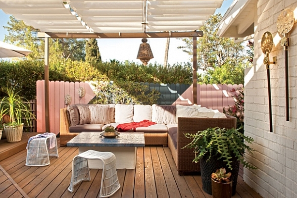 dreamy backyard with wooden decks and comfy furniture