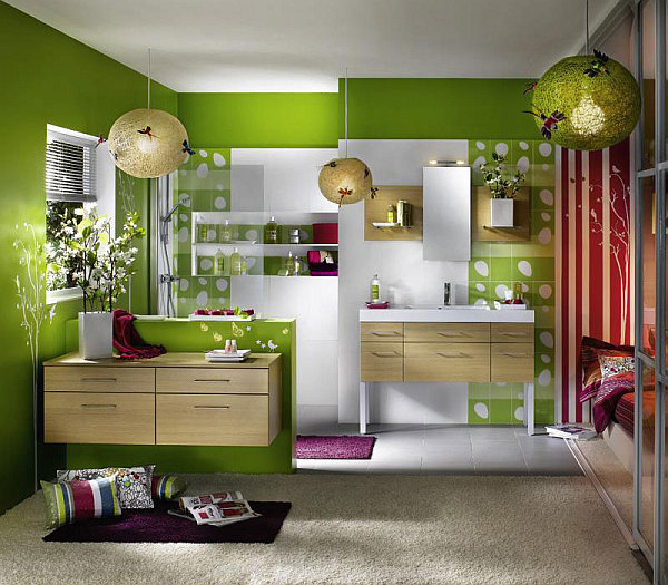 green and white bathroom with wooden vanities and rug