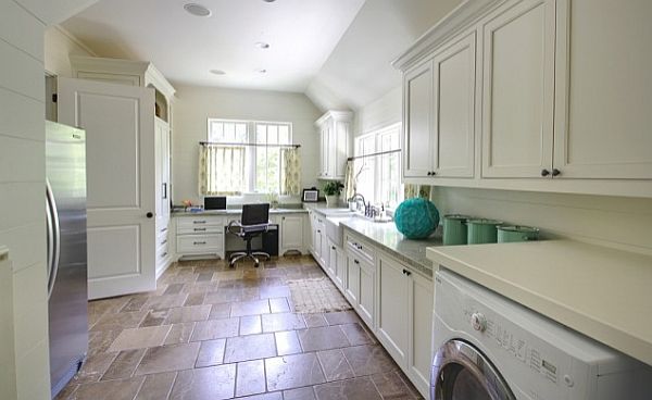 laundry room with office and small kitchen and tile flooring