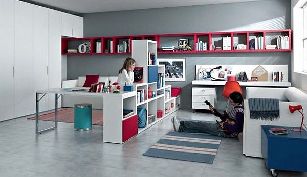 modern teen room - red, blue and white furniture with shelves, sofa and office desk