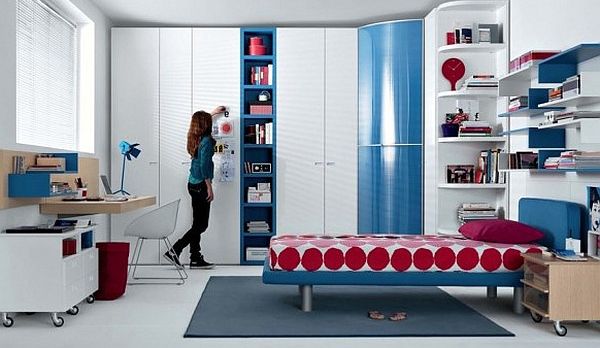 modern teenager rooms - blue, read and white furniture decoration