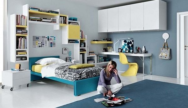 simple teenagers room - blue, yellow and white furniture