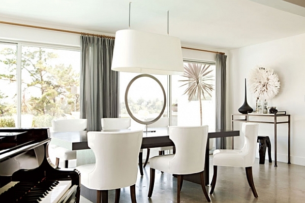 sophisticated white dining room with contemporary furniture