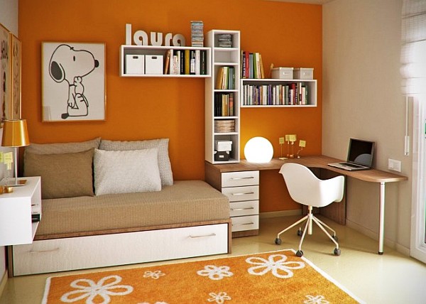 young childs room - orange walls, white and wooden accents furniture