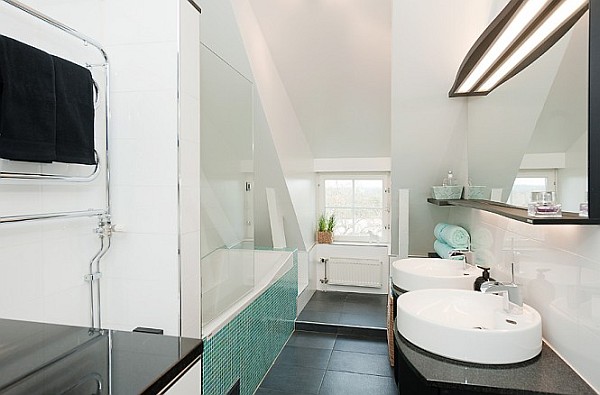 Attic Apartment Decoration 15 - black and white bathroom with green tiles