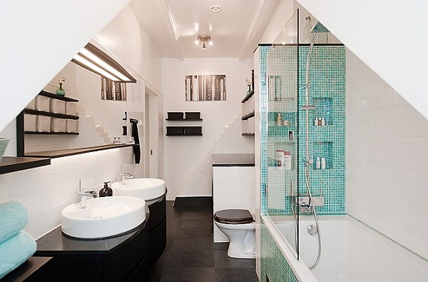 Attic Apartment Decoration 16 - black and white bath with turqoise shower tiles