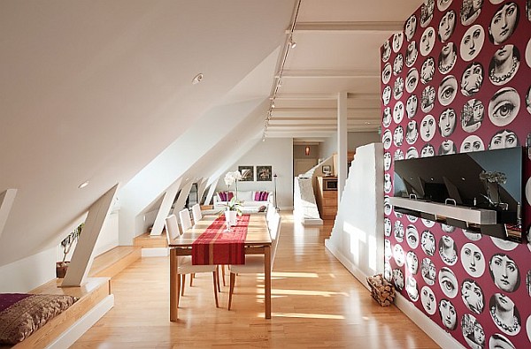 Attic Apartment Decoration 7 - red white wallpaper behind TV unit