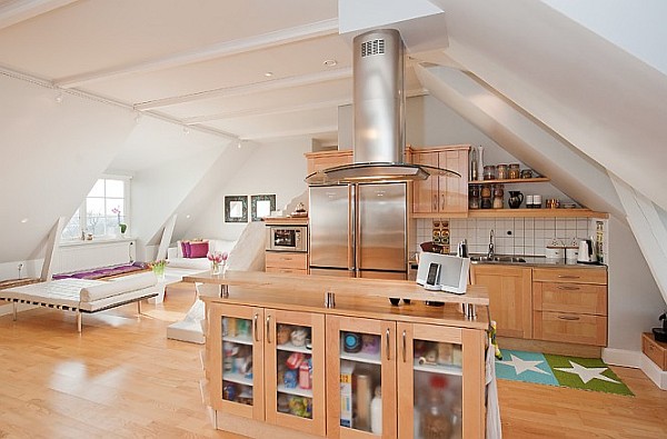 Attic-Apartment-Decoration-8-beech-wooden-kitchen-design-with-glass-fronted-panels