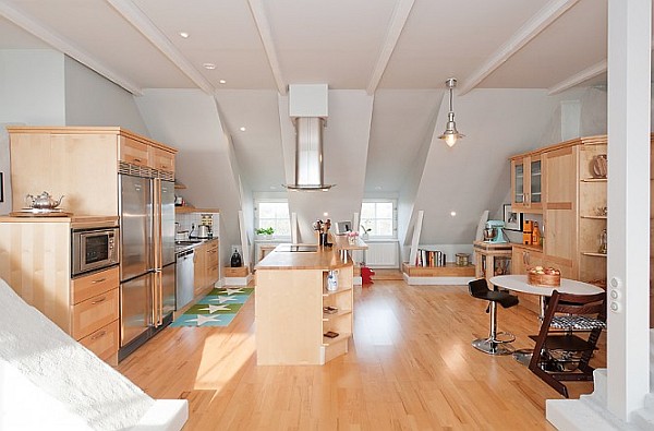 Attic Apartment Decoration 9 - open space kitchen with wooden furniture