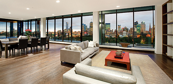 Clarendon Penthouse - huge contemporary living room with large windows and city views