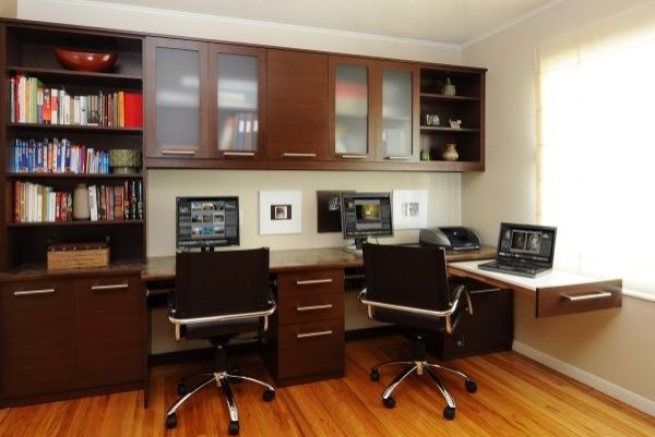 Custom Home Office with rich cherry wood & frosted glass doors